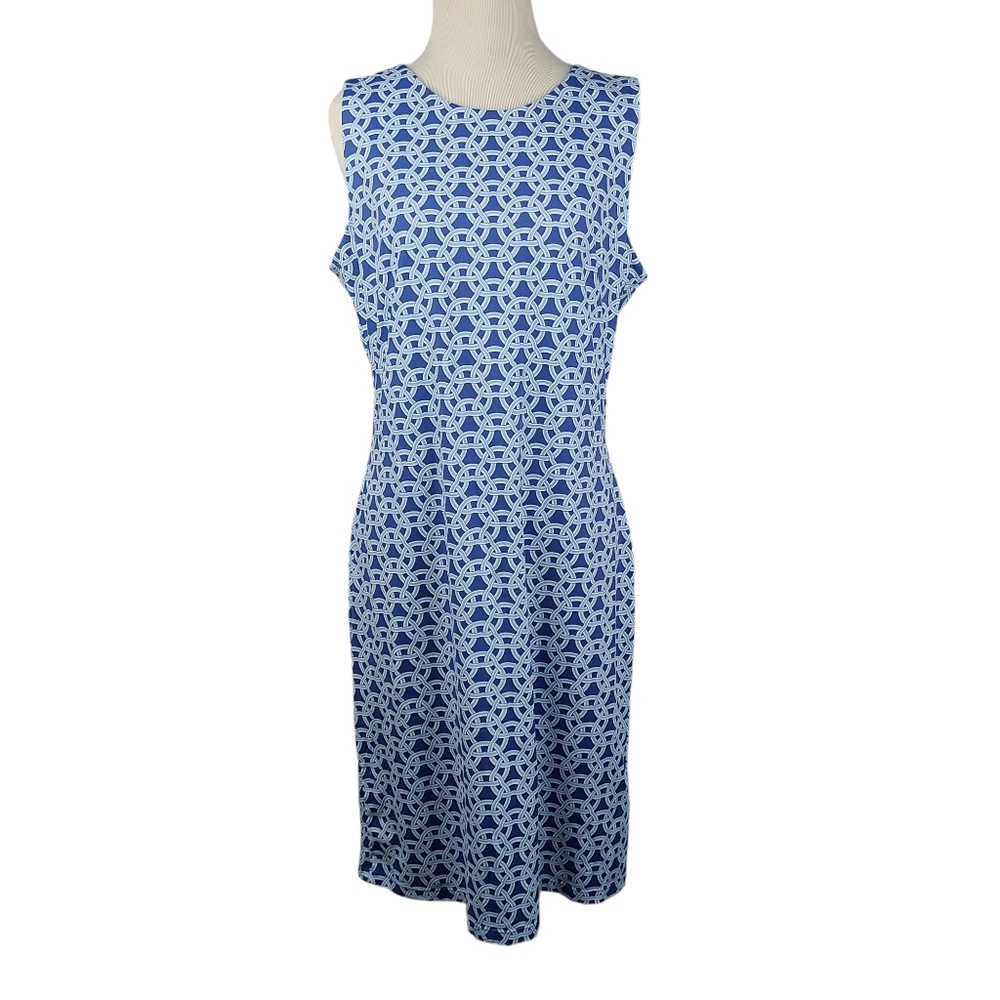 J. McLaughlin Catalina Cloth blue white geometric pattern sheath dress medium